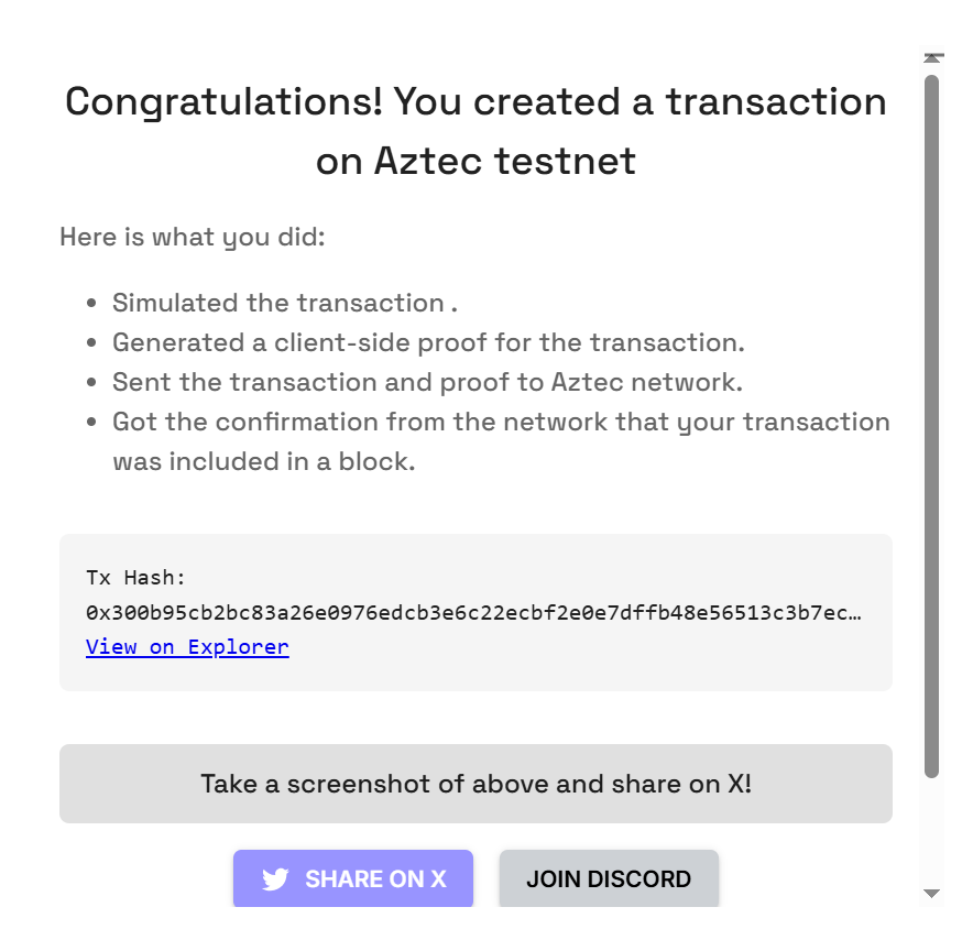 I sent a private transaction on <a href="/aztecnetwork/">Aztec</a> Public Testnet by generating a client-side proof.

Try it yourself with Aztec Playground: play.aztec.network
