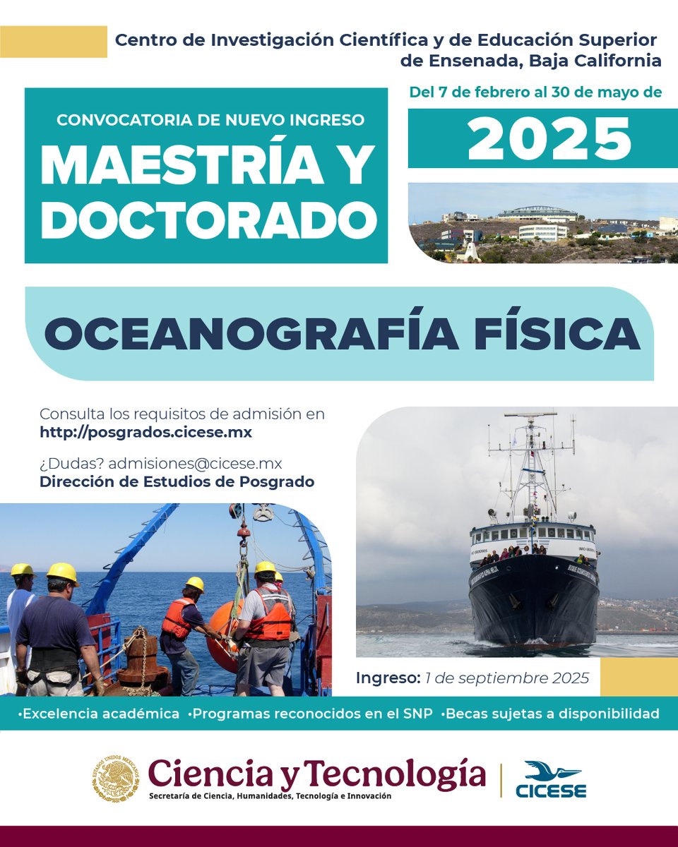 todoscicese's tweet photo. El posgrado en Oceanografía Física del #CICESE recibe a estudiantes egresados de carreras asociadas a las áreas de física y matemáticas.
Convocatoria abierta. Más información en https://t.co/8s88XH6wAP https://t.co/VN7te8Wg6I
