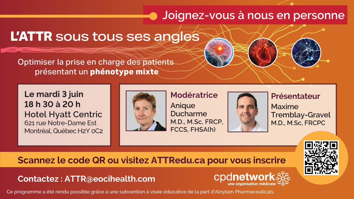 iMedicus_ca's tweet image. Rejoignez Dr Maxime Tremblay-Gravel & Dre Anique Ducharme à Montréal pour une soirée axée sur l’amylose ATTR : diagnostic, traitement et suivi à long terme.
🗓️ Le mardi 3 juin
📍Hôtel Hyatt Centric
🔗 Inscrivez-vous dès maintenant au ATTRedu.ca