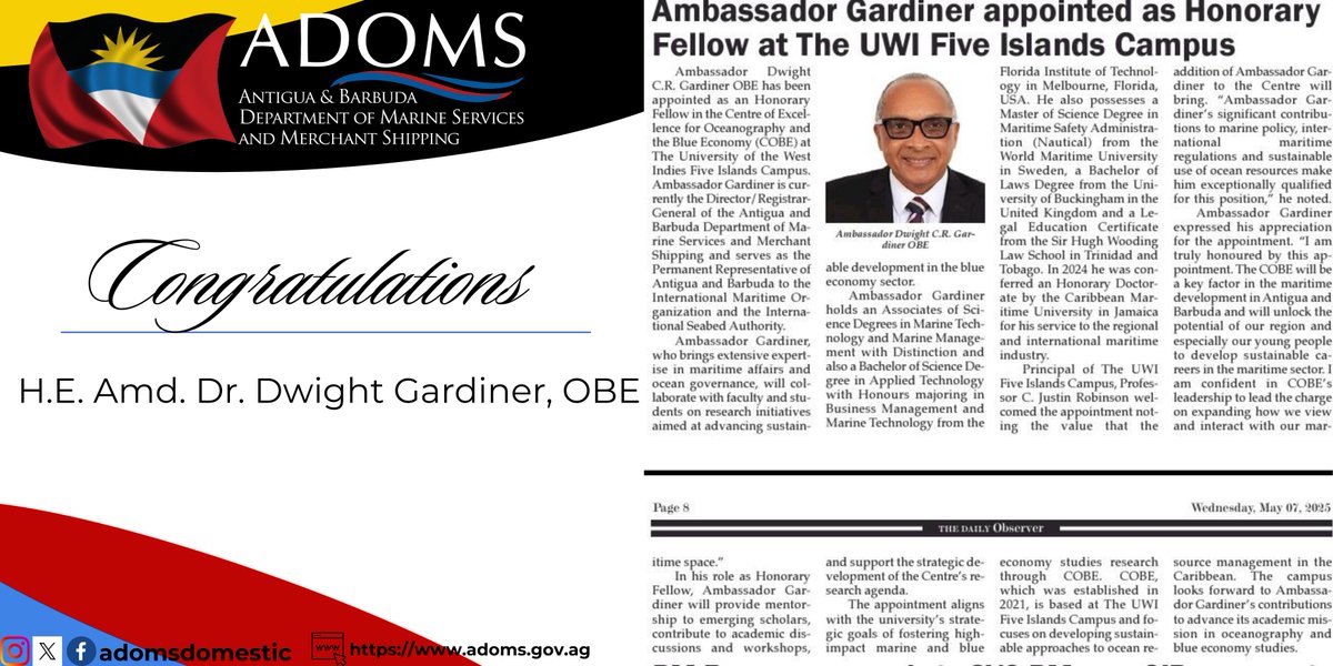Congratulations to our Director H.E Amd.  Dwight Gardiner, OBE!
