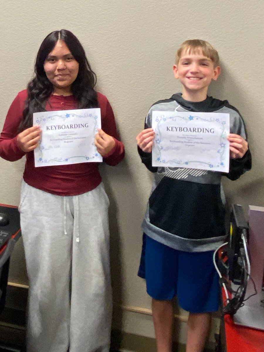 Congratulations to Audrielle Coronado and Tim Winterbottom for being keyboarding students of the semester in Mrs. Wentz’s class!