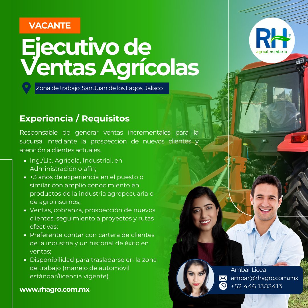 AgroRh's tweet photo. ⚠NUEVA #VACANTE   Ejecutivo de Ventas Agrícolas
✅Link: https://t.co/Jhc5q5YVMf
📍Zona de trabajo: San Juan de los Lagos, Jalisco

👩Contacto Ambar Licea
💻Email ambar@rhagro.com.mx
📲WhatsApp +52 446 1383413
👉Link de WhatsApp https://t.co/KC3dua5xAO

#VacantesActivas https://t.co/f1VAGaz72V