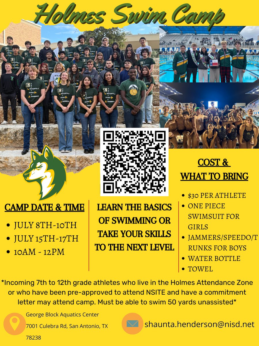 Are you a future Husky?
Interested in Swimming &amp; 7-12th grader currently zoned to attend Holmes HS!
Please reach out to coach for information &amp; registration
Not sure of your zoned high school?
Here is a link to help you verify your future high school: nisd.net/schools/buses