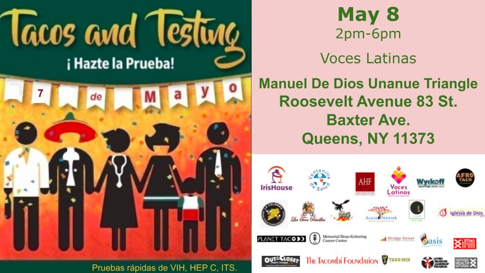 Iris House (@irishouseinc) on Twitter photo Happening in Queens Today! Our partner, <a href="/voceslatinas/">Voces Latinas</a> is hosting our Tacos and Testing event at Manuel De Dios Unanue Triangle, Roosevelt Avenue 83 St and Baxter Ave. ¡Hazte la Prueba! #tacosandtesting
#Haztelaprueba
#HIV
#knowyourstatus
#PrEP
#GetTested
#pruebadeVIH
#VIH
#sida Happening in Queens Today! Our partner, <a href="/voceslatinas/">Voces Latinas</a> is hosting our Tacos and Testing event at Manuel De Dios Unanue Triangle, Roosevelt Avenue 83 St and Baxter Ave. ¡Hazte la Prueba! #tacosandtesting
#Haztelaprueba
#HIV
#knowyourstatus
#PrEP
#GetTested
#pruebadeVIH
#VIH
#sida