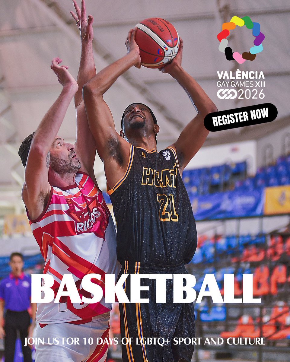Time to lace up and light it up! 🏀✨ Calling all point guards, shooters, and lockdown defenders — registration is OPEN for Gay Games XII 2026 in València!  Bring your squad, bring your pride, and let’s ball. 🏳️‍🌈🏳️‍⚧️