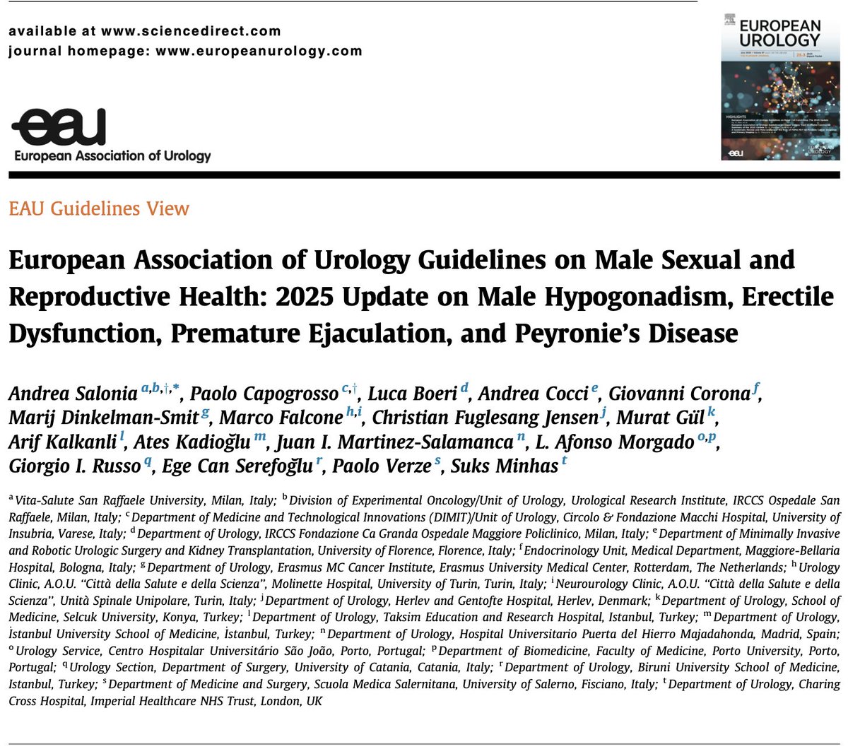 Ege Can Serefoglu (@drserefoglu) on Twitter photo Excited to share our latest publication in <a href="/EuropeanUrology/">European Urology</a> ! We present the updated 2025 <a href="/Uroweb/">European Association of Urology (EAU)</a> EAU Guidelines on Sexual & Reproductive Health—covering hypogonadism, #erectiledysfunction, #prematureejaculation and #PeyroniesDisease.
Read more: authors.elsevier.com/c/1l3Q414kpm0h… Excited to share our latest publication in <a href="/EuropeanUrology/">European Urology</a> ! We present the updated 2025 <a href="/Uroweb/">European Association of Urology (EAU)</a> EAU Guidelines on Sexual & Reproductive Health—covering hypogonadism, #erectiledysfunction, #prematureejaculation and #PeyroniesDisease.
Read more: authors.elsevier.com/c/1l3Q414kpm0h…