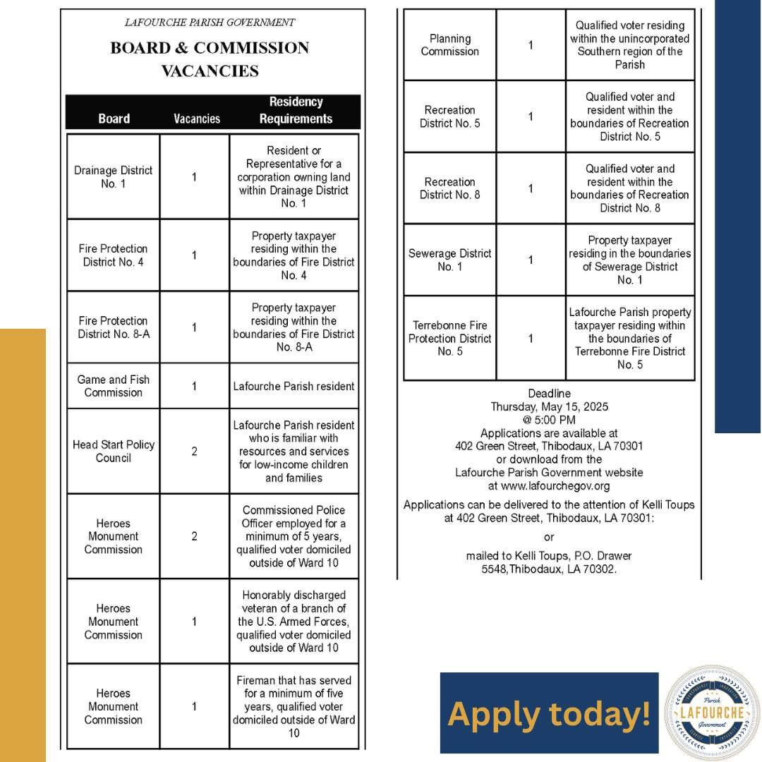 Ready to serve your community? The #LafourcheParish Board and Commission vacancies have been posted. The deadline to submit an application is Thursday, May 15, 2025 at 5:00 PM.

Apply today: lafourchegov.org/boards-commiss…