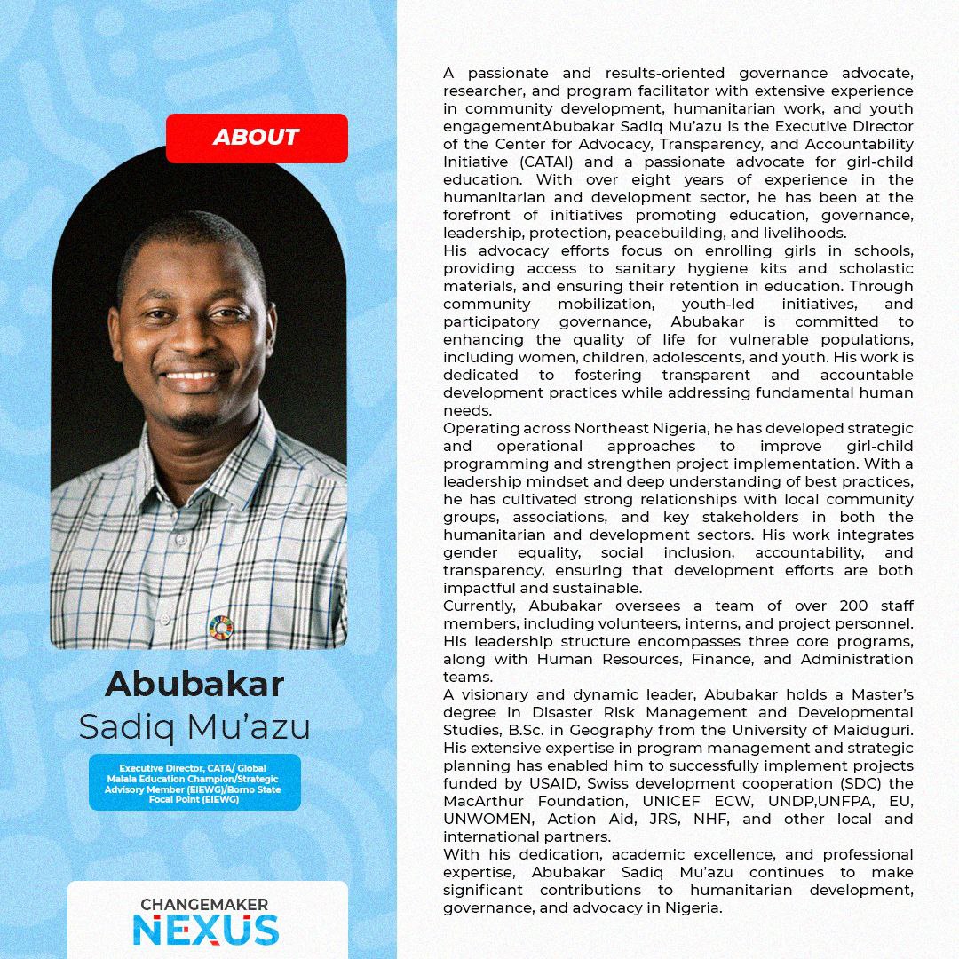 Peace Media (@peacemediang) on Twitter photo The Speakers will discuss "Beyond Awareness: How can Youth Take Action on SDG's Today?" via the X space tomorrow.
Kindly read about them.
Our Speakers include;
1. <a href="/AS_MUAZU/">Abubakar Sadiq Mu'azu</a>, the Executive Director of <a href="/CataiCenter/">CENTER_CATAI</a>.
2. <a href="/Timotynwachukwu/">Amb Timothy Nwachukwu LLB</a>, the National Coordinator of SDGs The Speakers will discuss "Beyond Awareness: How can Youth Take Action on SDG's Today?" via the X space tomorrow.
Kindly read about them.
Our Speakers include;
1. <a href="/AS_MUAZU/">Abubakar Sadiq Mu'azu</a>, the Executive Director of <a href="/CataiCenter/">CENTER_CATAI</a>.
2. <a href="/Timotynwachukwu/">Amb Timothy Nwachukwu LLB</a>, the National Coordinator of SDGs