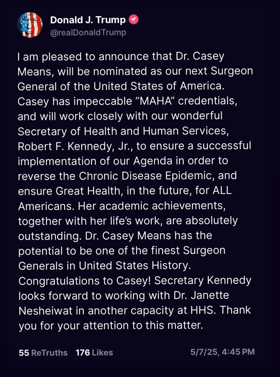 Jay Bhattacharya, MD, PhD (@nihdirector_jay) on Twitter photo Congratulations to <a href="/CaseyMeansMD/">Casey Means, MD</a> for her nomination as Surgeon General! Given her knowledge of and commitment to ending the chronic disease epidemic in the US, she will do an excellent job making America healthy again. Congratulations to <a href="/CaseyMeansMD/">Casey Means, MD</a> for her nomination as Surgeon General! Given her knowledge of and commitment to ending the chronic disease epidemic in the US, she will do an excellent job making America healthy again.