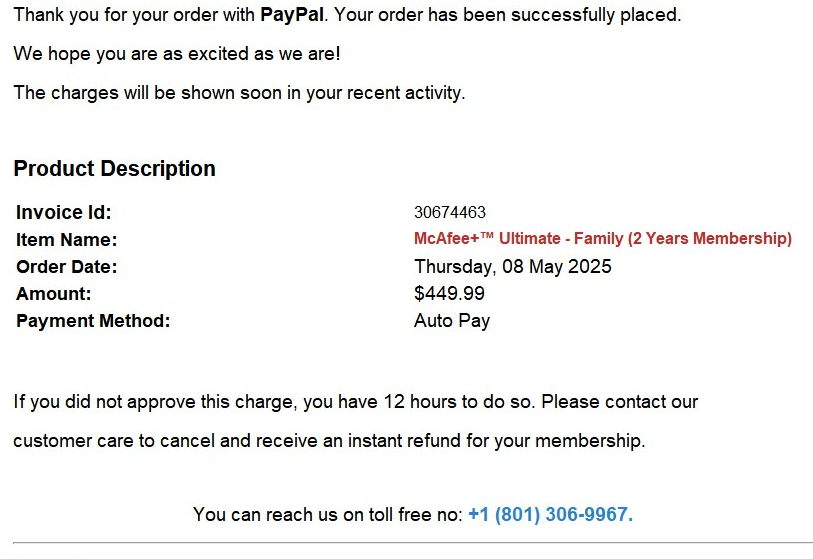 SpamAuditor's tweet photo. Another nasty trick by the Telephone Support Scam for @PayPal coming through @gmail, where the sole content of the email is a #bitmap that looks like an official #paypal email. #DONOTCALL, trying to bypass content filters https://t.co/qUsl4DZdnn