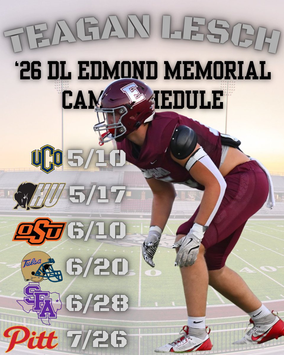 LeschTeagan's tweet image. Excited to compete! Here are some camps I will be attending this summer.
@RecruitEMHS_FB @Edavison85 @Coachjmerideth @PrepRedzoneOK @Coach_Swanson1 @NickWhite1_
@Coach_Blank @CoachBigHU @DJLinton2 @CoachTEverett @AndrewLee_CFB @DaxtonLinscomb @DWhoolery @CoachNEUP