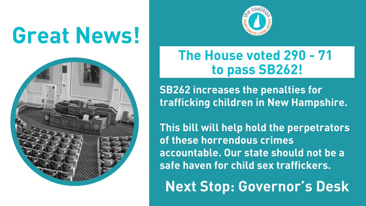 Fantastic News! The House just passed SB262, which increases the penalty for trafficking children in New Hampshire, helping to hold the perpetrators of these horrendous crimes accountable. #NHPolitics