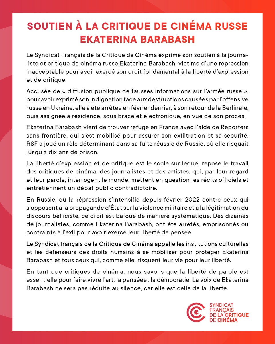 Communiqué du Syndicat Français de la Critique de Cinéma

SOUTIEN À LA CRITIQUE DE CINÉMA RUSSE EKATERINA BARABASH

À lire en intégralité 🔗 urlr.me/NzdXbt