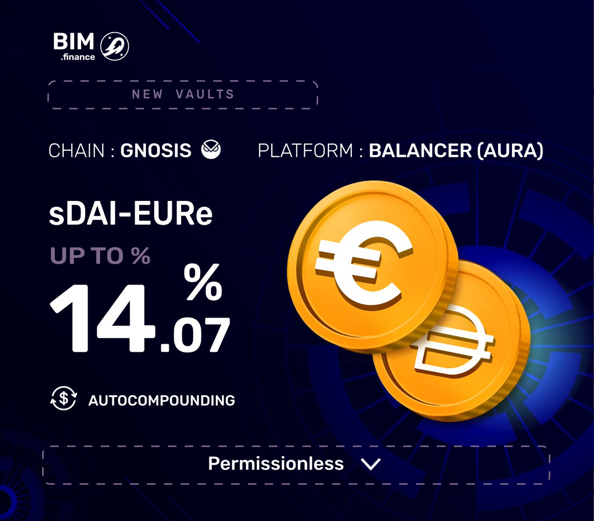 sDAI-EURe strategy is now live on <a href="/Bim_Exchange/">BIM Exchange</a> !

🔹 Chain: <a href="/gnosischain/">Gnosis Chain 🦉</a> 
🔹 Platform: <a href="/Balancer/">Balancer</a>  (Aura)

📈 Yield: up to 14.07% APY, auto-compounded

🔓 Access: 100% permissionless

→ staking.bim.finance/#/vault/aura-g…

Perfect for euro-pegged users looking for stable high DeFi yields 💶
