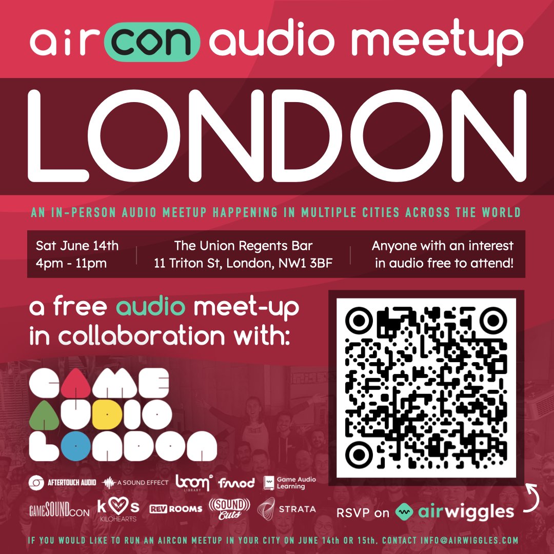 GameAudioLondon's tweet image. We have partnered up with Airwiggles to bring you the Aircon London Audio Meetup, on Saturday June 14th, 4-11pm.
Attendance is free, but please RSVP via the Airwiggles site!
airwiggles.com/c/events/airco…
We look forward to seeing you there!
-Graham, Alyx, and Dan
#GameAudio