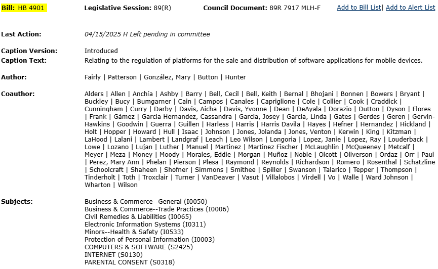Brad Johnson (@bradj_tx) on Twitter photo .<a href="/FairlyForTexas/">Caroline Fairly for Texas</a> has filed her co-author list for HB 4901, requiring age verification to download things on the app store and parental consent to use apps (the Senate companion is on the House floor today).
She has 134 members signed on, 4 joint authors & 130 coauthors. #txlege .<a href="/FairlyForTexas/">Caroline Fairly for Texas</a> has filed her co-author list for HB 4901, requiring age verification to download things on the app store and parental consent to use apps (the Senate companion is on the House floor today).
She has 134 members signed on, 4 joint authors & 130 coauthors. #txlege