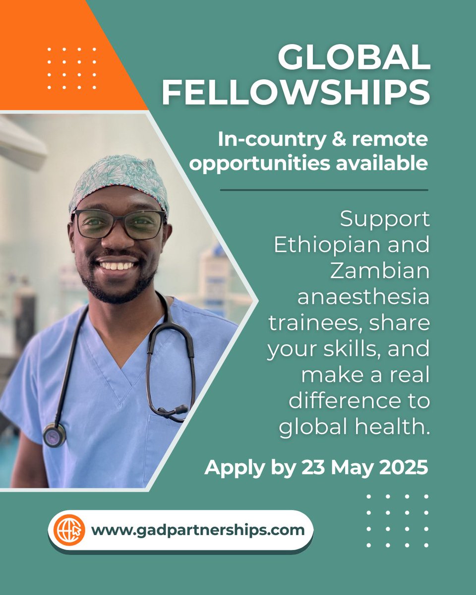 🌍Make a global impact &amp; gain valuable experience! Apply for a #fellowship supporting #anaesthesia trainees in Ethiopia &amp; Zambia through teaching, exam prep &amp; QI mentorship.

🌐Remote &amp; in-country roles: gadpartnerships.com
#anaesthesia #safesurgery #anaesthesiafellowship