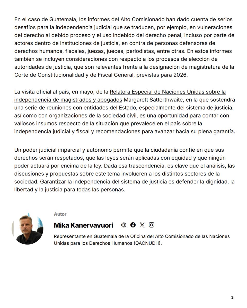 OACNUDH Guatemala (@oacnudh_gt) on Twitter photo ⚖️"En una sociedad democrática, toda persona debe tener la certeza de que los asuntos que se plantean ante la justicia serán resueltos con base en la ley y no en intereses políticos, económicos o personales" -Mika Kanervavuori, <a href="/Oacnudh_GT/">OACNUDH Guatemala</a>
Más 👉
quorum.gt/voces/independ… ⚖️"En una sociedad democrática, toda persona debe tener la certeza de que los asuntos que se plantean ante la justicia serán resueltos con base en la ley y no en intereses políticos, económicos o personales" -Mika Kanervavuori, <a href="/Oacnudh_GT/">OACNUDH Guatemala</a>
Más 👉
quorum.gt/voces/independ…