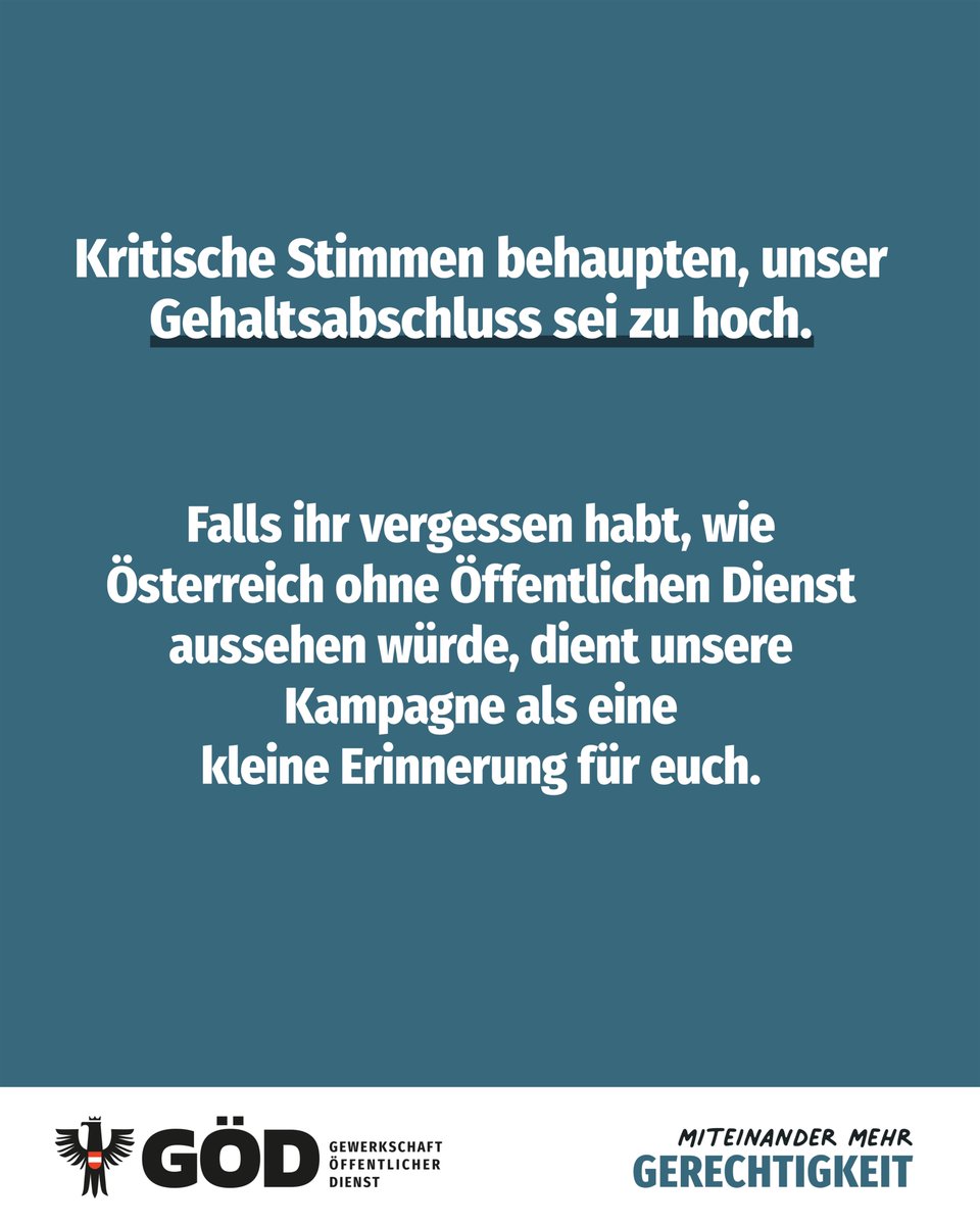 Goed_official's tweet image. Kritische Stimmen behaupten, unser Gehaltsabschluss sei zu hoch. Warum ist euch die Arbeit der öffentlich Bediensteten nichts wert?
📷 In unserer Kampagne machen wir darauf aufmerksam, was stillstehen würde, wenn es den Öffentlichen Dienst nicht gäbe.
📷goed.at/goed-tv/wenn-e…