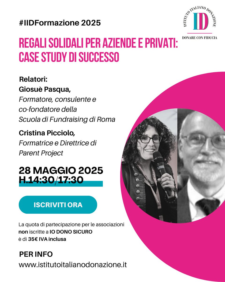 Istituto Italiano della Donazione (@istdonazione) on Twitter photo 🎁Iscriviti a #IIDFormazione e scopri come coinvolgere aziende e privati con i tuoi regali solidali grazie a <a href="/fundraisingroma/">Fund-Raising.it</a> e <a href="/Parent_Project/">Parent Project aps</a>
Gratis con #IODONOSICURO
👉 bit.ly/3XYsBtr
ℹ️ bit.ly/43mUle8
Non puoi partecipare? Iscriviti e riceverai i materiali 🎁Iscriviti a #IIDFormazione e scopri come coinvolgere aziende e privati con i tuoi regali solidali grazie a <a href="/fundraisingroma/">Fund-Raising.it</a> e <a href="/Parent_Project/">Parent Project aps</a>
Gratis con #IODONOSICURO
👉 bit.ly/3XYsBtr
ℹ️ bit.ly/43mUle8
Non puoi partecipare? Iscriviti e riceverai i materiali
