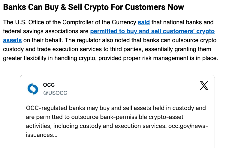 My bank used to call me to flag anything that looked like a crypto purchase to remind me it wasn't safe. Now they'll be calling to sell me bitcoin.