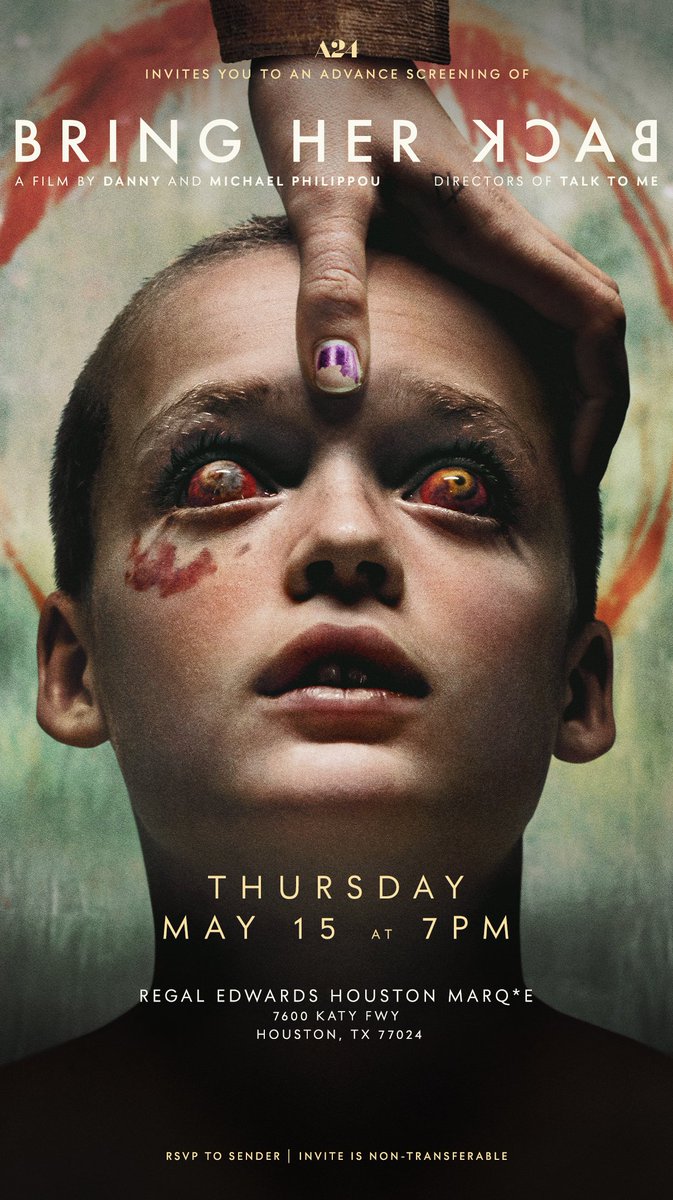 ***FREE ADVANCE SCREENING***

Grab your passes now to our screening of #BringHerBack on Thursday, May 15th at the Edwards MarqE Theater! Passes are limited.

RSVP HERE: forms.gle/P7SLwqhVh71Sgi…

<a href="/bringherbackmov/">Bring Her Back</a> <a href="/a24films/">A24 Films</a>