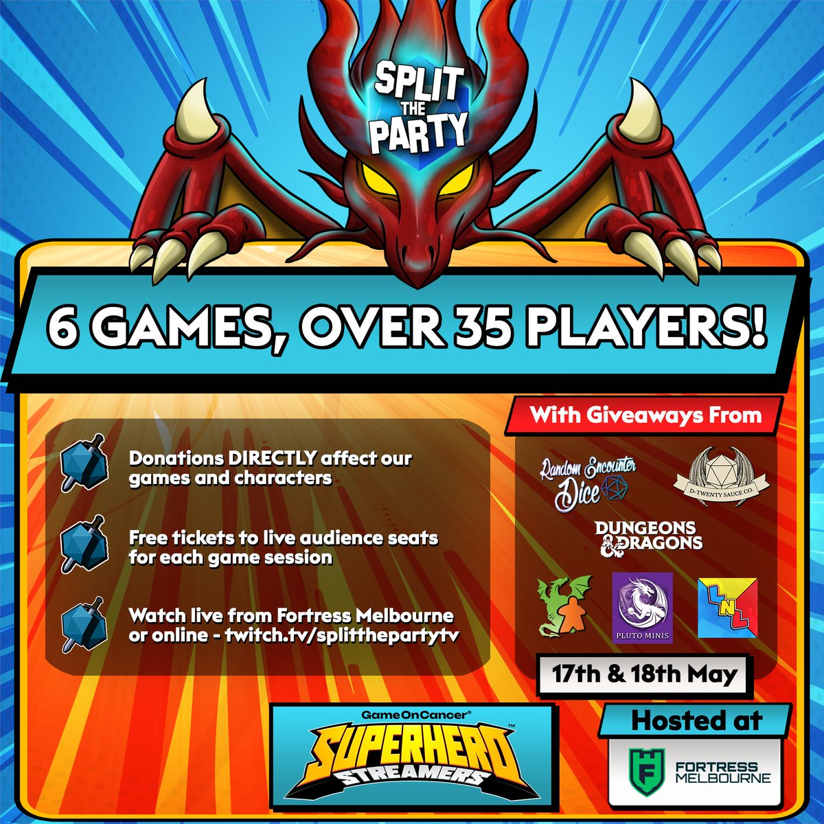 SplitThePartyTV's tweet image. 🎲 Split the Party x @gameon_cancer is BACK!
6 chaotic games. 35+ players. Live from @fortressmelb.

💸 Donations shape the story.
🎟️ Free audience seats!
📺 May 17–18
🎁 Giveaways + fundraising for Cure Cancer!
🎟️ Eventbrite link in bio.

#ttrpgcommunity