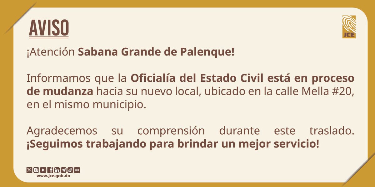 ¡Sabana Grande de Palenque, nos trasladamos para servirte mejor!

Este jueves 08 y viernes 09 de mayo, la Oficialía del Estado Civil de Sabana Grande de Palenque, estará en proceso de traslado a su nuevo local, ubicado en la calle Mella #20.

Un espacio más cómodo, moderno y