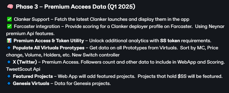 SniperSearch_AI's tweet photo. 🧠 Phase 3 loading...

SniperSearch is entering the Premium Access era.
 Built for the community, powered by $SS.

✅ Clanker launches & Farcaster scoring
 📊 Full Virtuals prototype data
 📌 Featured projects & Genesis intel
 🐦 X/Twitter insights via TweetScout
 🔓 All unlocked with token utility

Q1 2025 is going to be wild.
 📖 https://t.co/0nZ5qa2c9D

#VIRTUALS