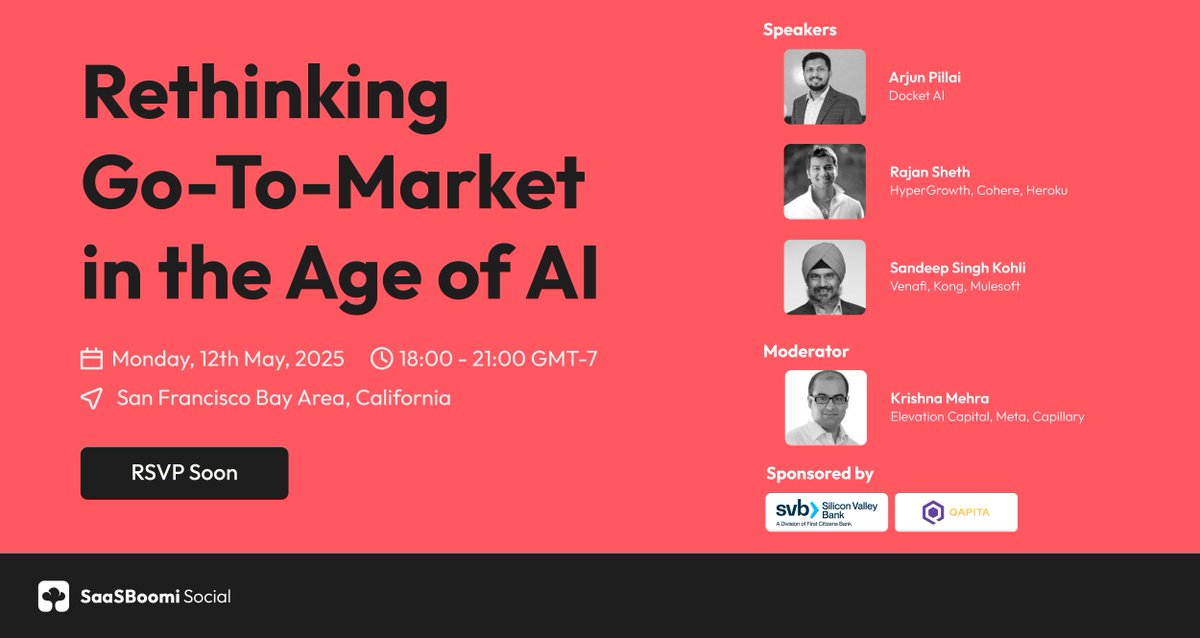 SaaSBoomi (@saasboomi) on Twitter photo We’re bringing together the founders & operators behind some of the most forward-thinking #AI-first #startups to beat the Monday blues in the Bay Area! 💙
📝 RSVP: lu.ma/k76gk3hz
⭐ Feat. >> <a href="/rarjunpillai/">Arjun R Pillai</a> | <a href="/rajan_sheth/">Rajan Sheth</a> | <a href="/Sandeep_S_Kohli/">Sandeep Singh Kohli</a>
🎙️ Moderator: <a href="/kpowerinfinity/">Krishna Mehra</a> We’re bringing together the founders & operators behind some of the most forward-thinking #AI-first #startups to beat the Monday blues in the Bay Area! 💙
📝 RSVP: lu.ma/k76gk3hz
⭐ Feat. >> <a href="/rarjunpillai/">Arjun R Pillai</a> | <a href="/rajan_sheth/">Rajan Sheth</a> | <a href="/Sandeep_S_Kohli/">Sandeep Singh Kohli</a>
🎙️ Moderator: <a href="/kpowerinfinity/">Krishna Mehra</a>