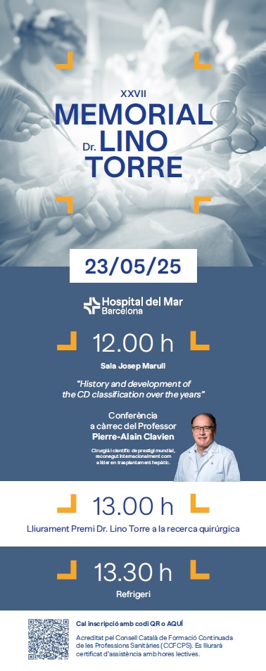 Hospital del Mar (@hospitaldelmar) on Twitter photo XXVII #MemorialLinoTorre
Conferència a càrrec del Professor Pierre-Alain Clavien i lliurament dels premis #LinoTorre
🗓️ 23 de maig
⏰ 12 h
📍 Sala Josep Marull
#cirurgia #recerca
<a href="/HpbMar/">HPB unit Hospital del Mar</a> <a href="/FBurdio/">Fernando Burdio</a> <a href="/me4_so/">SoMe4Surgery</a> <a href="/aecirujanos/">aecirujanos</a>
hospitaldelmar.cat/ca/agenda/view… XXVII #MemorialLinoTorre
Conferència a càrrec del Professor Pierre-Alain Clavien i lliurament dels premis #LinoTorre
🗓️ 23 de maig
⏰ 12 h
📍 Sala Josep Marull
#cirurgia #recerca
<a href="/HpbMar/">HPB unit Hospital del Mar</a> <a href="/FBurdio/">Fernando Burdio</a> <a href="/me4_so/">SoMe4Surgery</a> <a href="/aecirujanos/">aecirujanos</a>
hospitaldelmar.cat/ca/agenda/view…
