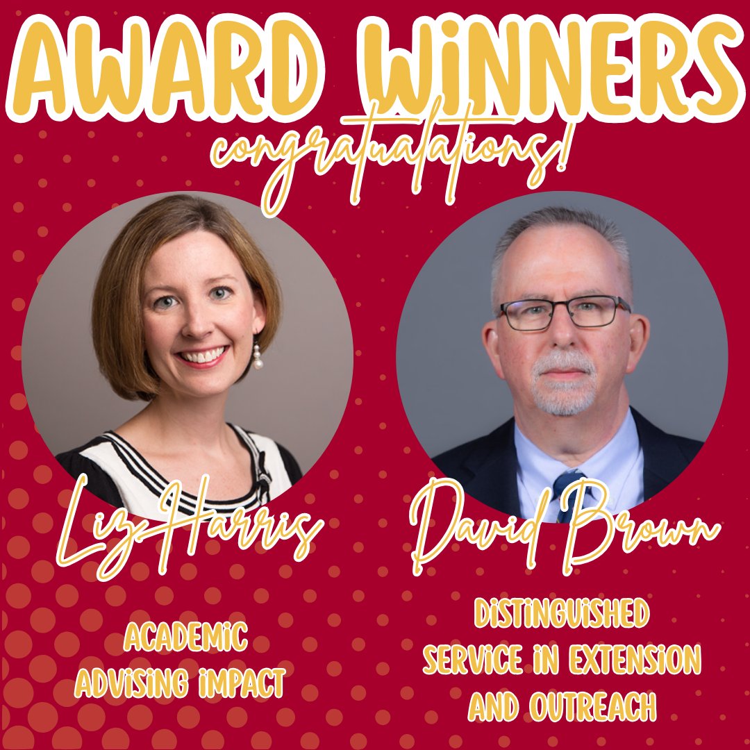 Congrats!

🏅 David Brown, State Specialist in Behavioral Health, was awarded the Distinguished Service in Extension and Outreach Award for his sustained

🏅 Liz Harris, Academic Advisor in Human Development and Family Studies, received the Award for Academic Advising Impact