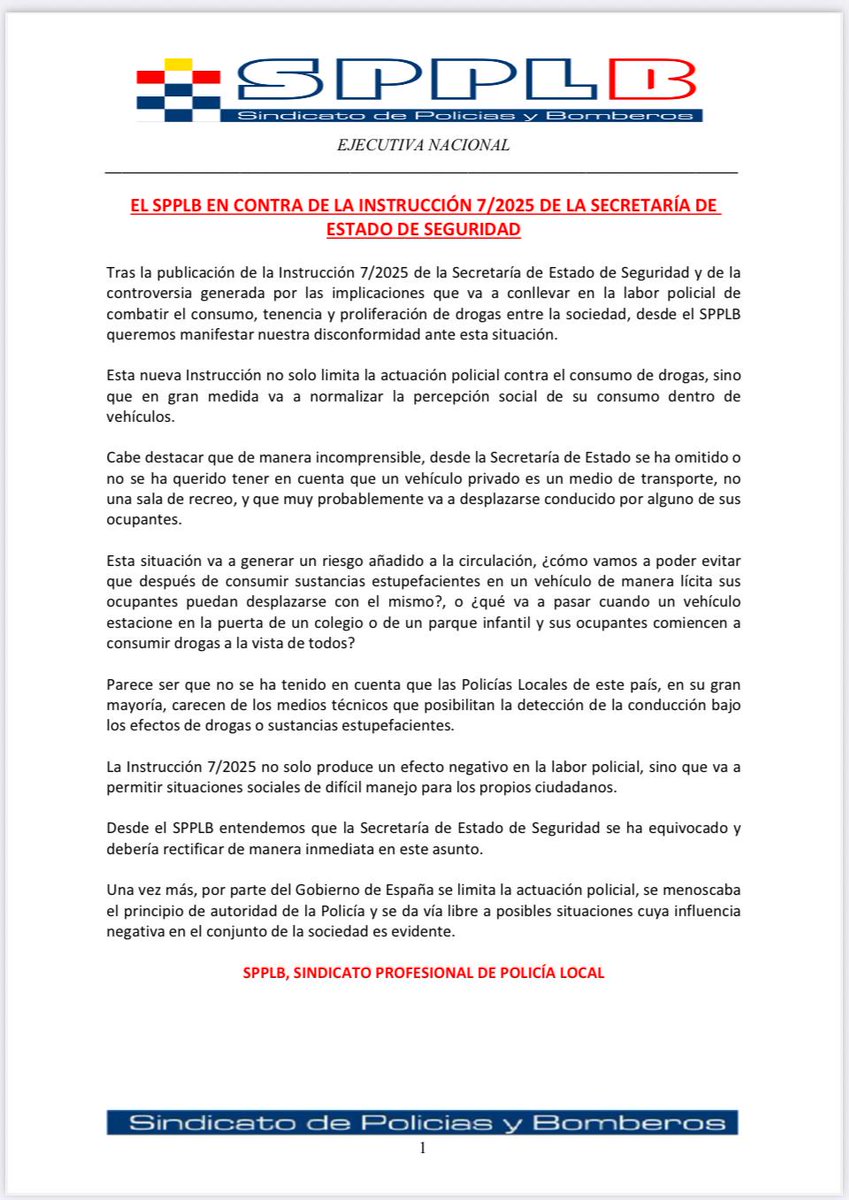 Estamos en contra de la Instrucción 7/2025 de la Secretaría de Estado de Seguridad.