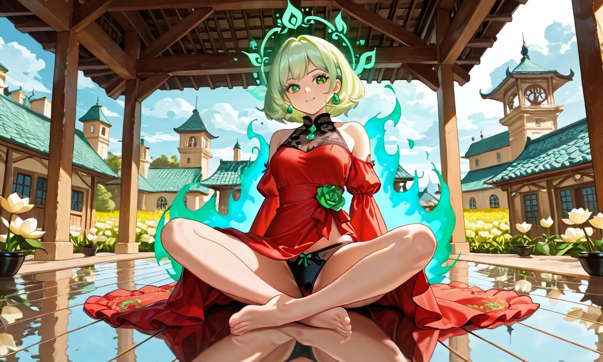 EAAII_V's tweet photo. #AIArt, #anime_style, #DigitalArt, #fantasy, #magicalaura, #greenenergy, #reddress, #naturetheme, #leaves, #elegant, #traditionalarchitecture, #courtyard, #pillar, #reflection, #greenroof, #whimsical, #mysticalatmosphere, #sky, #clouds, #lotus https://t.co/fu01jhWXwM