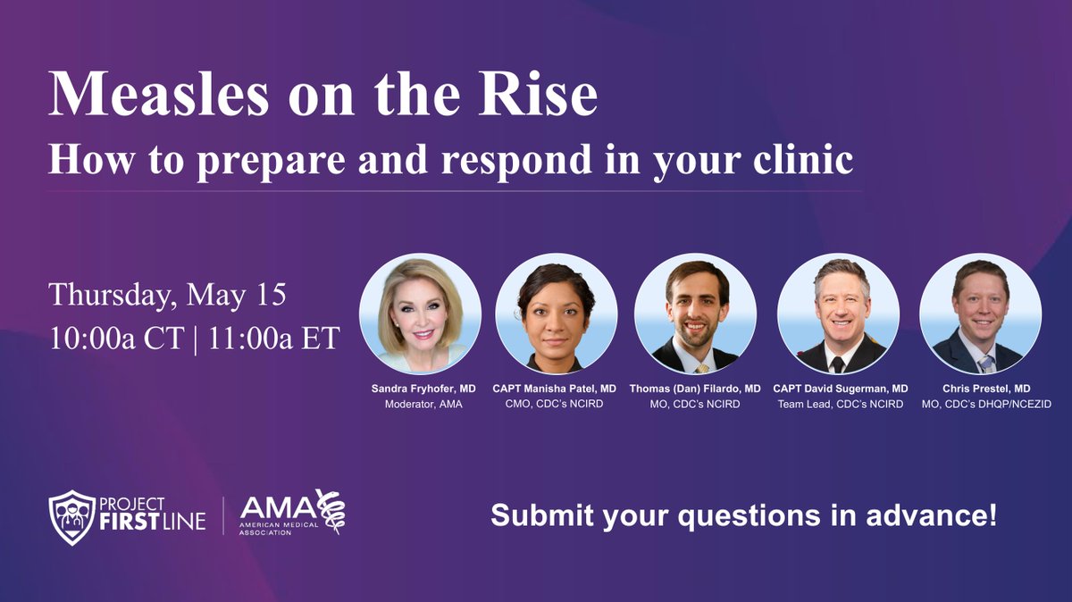 With measles cases rising, join CDC experts and the AMA on May 15 at 10am CT for a discussion on how to prepare for and respond to rising #Measles cases in the U.S., including vaccination strategies, clinical recognition and #IPC measures.

Register
amaedhub.org/4iVXhTV