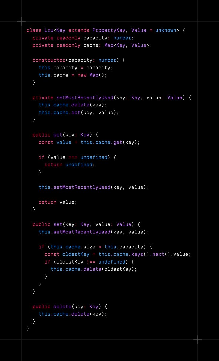 dillon_mulroy's tweet image. you can take advantage of the fact that javascript maps preserves their keys in insertion order to build a really simple LRU cache in 40 lines of code

don&apos;t npm install the world