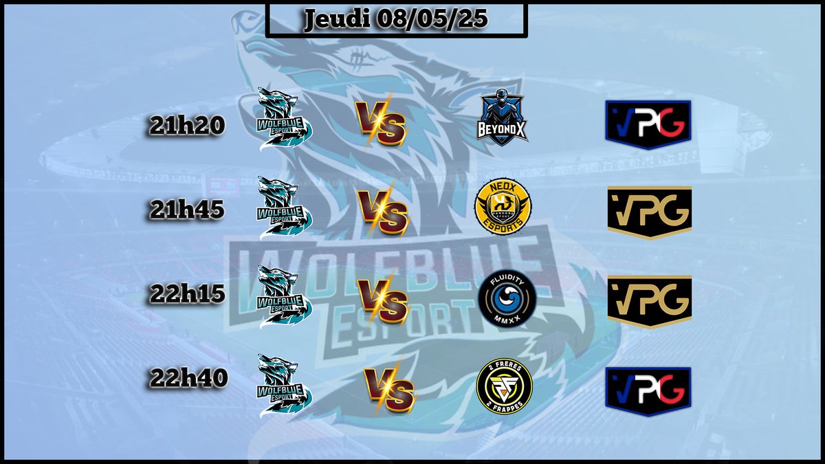 Wolfblue Esport (@esportwolfblue) on Twitter photo Bonjour
4 Match au programme ce soir pour la meute 🐺
⏲21h20⏲
Wolfblue Esport 🆚 Beyond X 🇫🇷
⏲21h45⏲
Wolfblue Esport 🆚 <a href="/Pandore_eFoot/">Pandore eFoot</a> 🇪🇺
⏲22h15⏲
Wolfblue Esport 🆚 Fluidity 🇪🇺
⏲22h40⏲
Wolfblue Esport 🆚 <a href="/2Freres2Frappes/">2Freres2Frappes</a> 🇫🇷
Enjoy 🔵⚪ Bonjour
4 Match au programme ce soir pour la meute 🐺
⏲21h20⏲
Wolfblue Esport 🆚 Beyond X 🇫🇷
⏲21h45⏲
Wolfblue Esport 🆚 <a href="/Pandore_eFoot/">Pandore eFoot</a> 🇪🇺
⏲22h15⏲
Wolfblue Esport 🆚 Fluidity 🇪🇺
⏲22h40⏲
Wolfblue Esport 🆚 <a href="/2Freres2Frappes/">2Freres2Frappes</a> 🇫🇷
Enjoy 🔵⚪