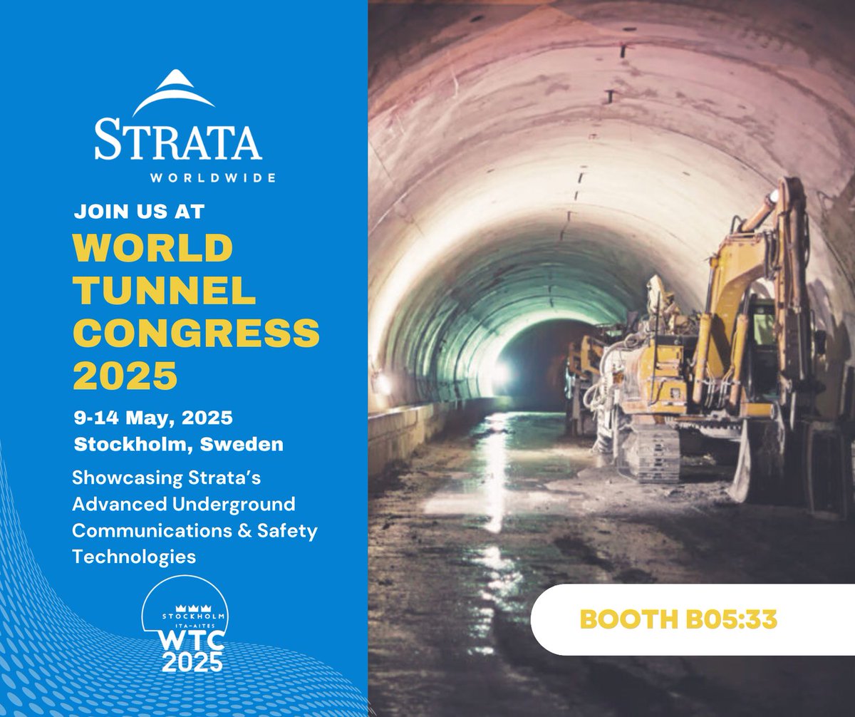 Strata will be exhibiting at WTC2025, May 9–14 in Stockholm, Sweden.
Come find us at Booth B05:33 to explore our latest innovations in underground safety and communication. 
Let’s shape the future of tunnelling safety and connectivity, together.
#tunnelling #tunnelconstruction