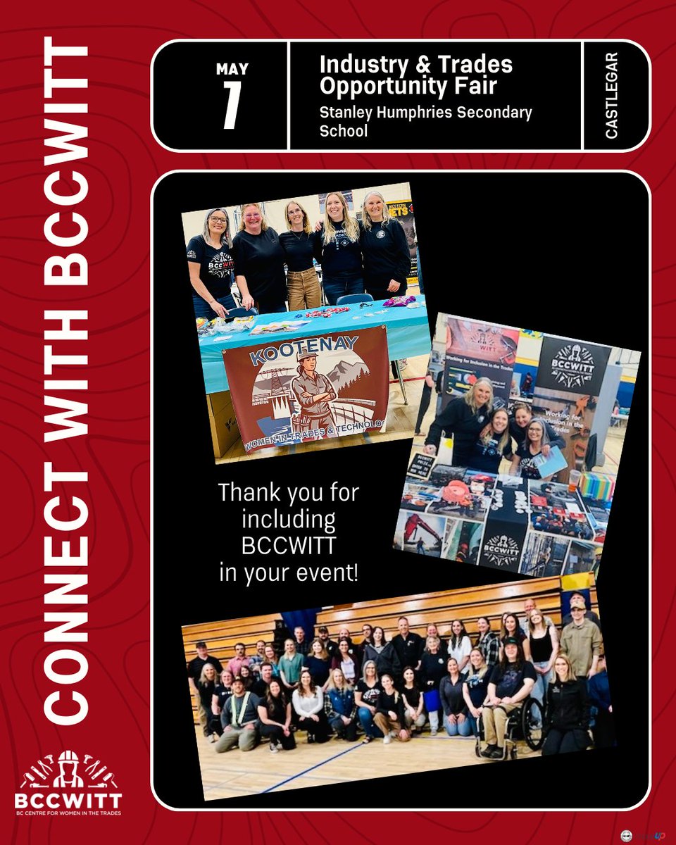 bccwitt's tweet photo. BCCWITT staff and community members were thrilled to connect with allies and future tradeswomen at the Industry &amp; Trades Opportunity Fair in Castlegar this past Tuesday: Thank you to everyone else who joined us for fun activities, networking, and empowerment! https://t.co/AR70xprJxJ