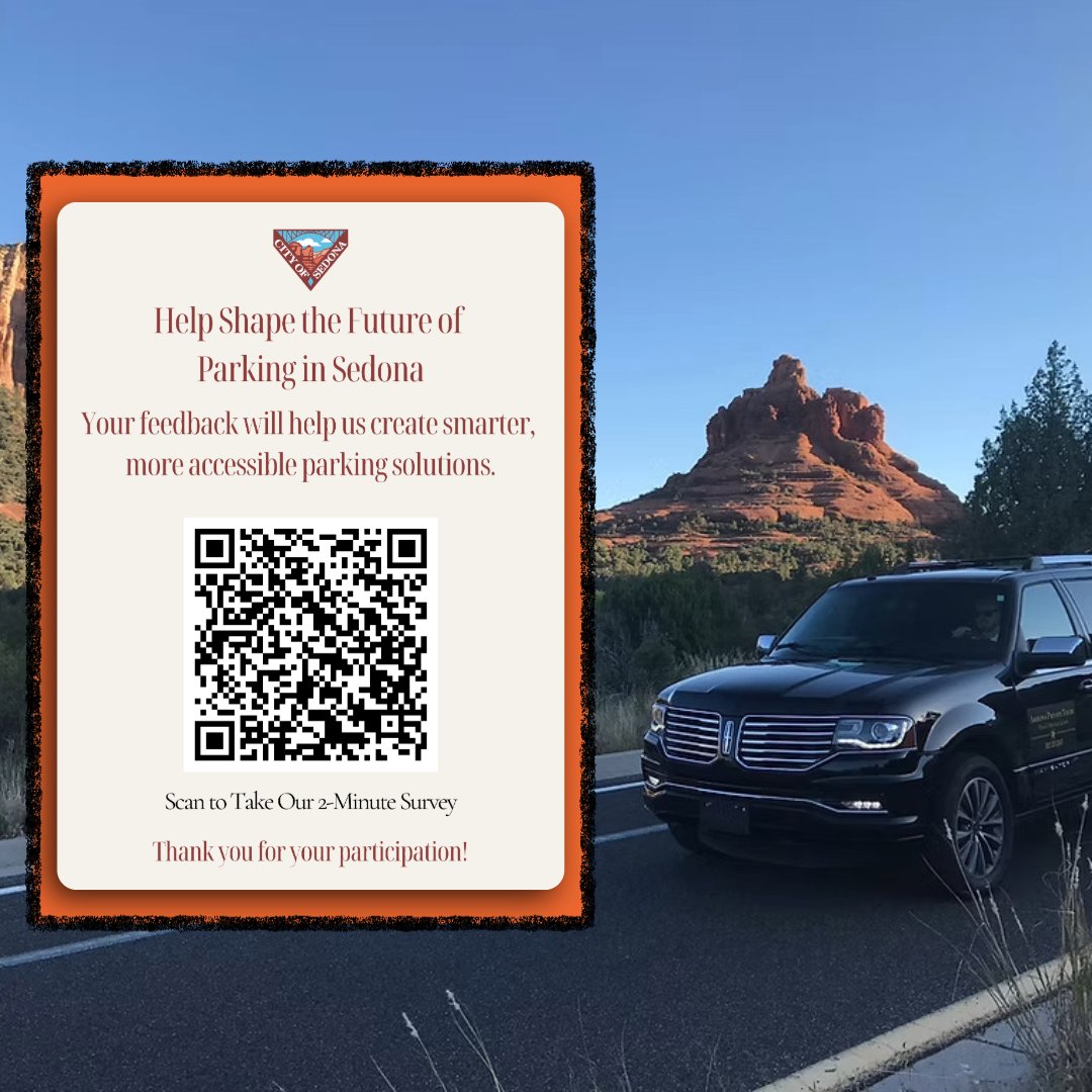 SedonaChamber's tweet photo. Uptown Sedona merchants &amp; employees: Your input on parking matters! 🚗

Take the City's anonymous parking survey to help improve conditions for our local business community. No personal info required.

👉 https://t.co/qQ0mW9sI1v

#SedonaParkingStudy #UptownCommunity https://t.co/f78qC2XLkN