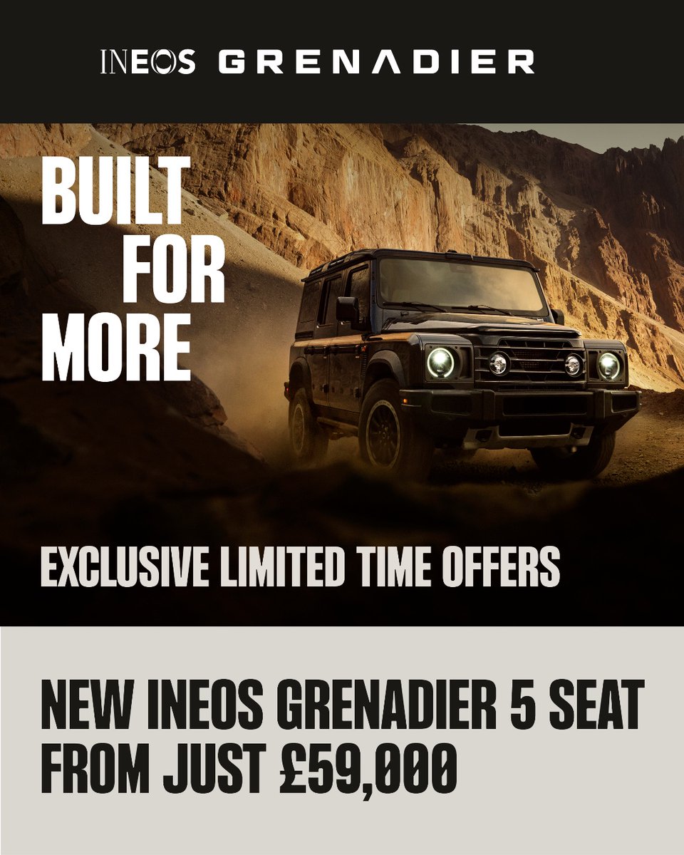 GRANGEMOTORS's tweet image. NEW INEOS GRENADIER 5 SEAT

We have a limited number of INEOS Grenadier Utility Wagons available

From Just £59,000
Save up to £10,505 against RRP
RRP £69,505 

For more information please contact or DM the team.

#BuiltForPurpose #INEOS #Grenadier #INEOSEdinburgh #INEOSMidlands