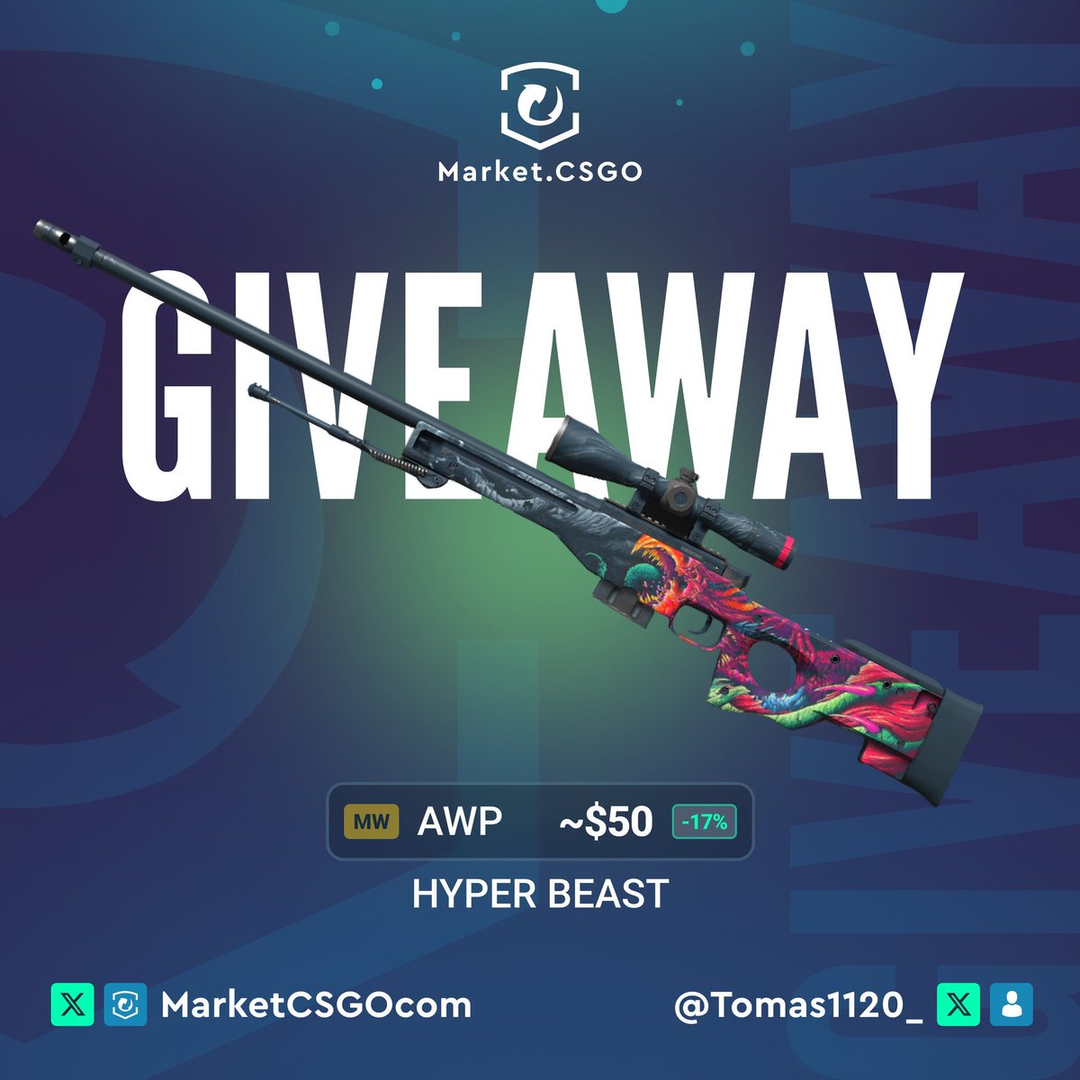 Tomas1120 (@tomas1120_) on Twitter photo 🎁 AWP | Hyper Beast MW ($50)
➡️ TO ENTER:
✅ Follow me & <a href="/MarketCSGOcom/">Market.CSGO</a>
✅ Retweet, Like, Visit market.csgo.com/b/Tomas1120
⏰ Giveaway ends in 7 days! 🎁 AWP | Hyper Beast MW ($50)
➡️ TO ENTER:
✅ Follow me & <a href="/MarketCSGOcom/">Market.CSGO</a>
✅ Retweet, Like, Visit market.csgo.com/b/Tomas1120
⏰ Giveaway ends in 7 days!