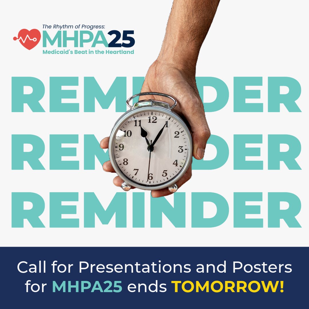 🕒 Time’s almost up! 

MHPA25 submissions close TOMORROW, May 9, 11:59 PM ET. Present groundbreaking ideas at our Kansas City conference, Sept 10–12! 

🚀 Reach professionals, shape best practices, network with executives. #MHPA25 #MedicaidInnovation 

ow.ly/F8pe50VPc4w