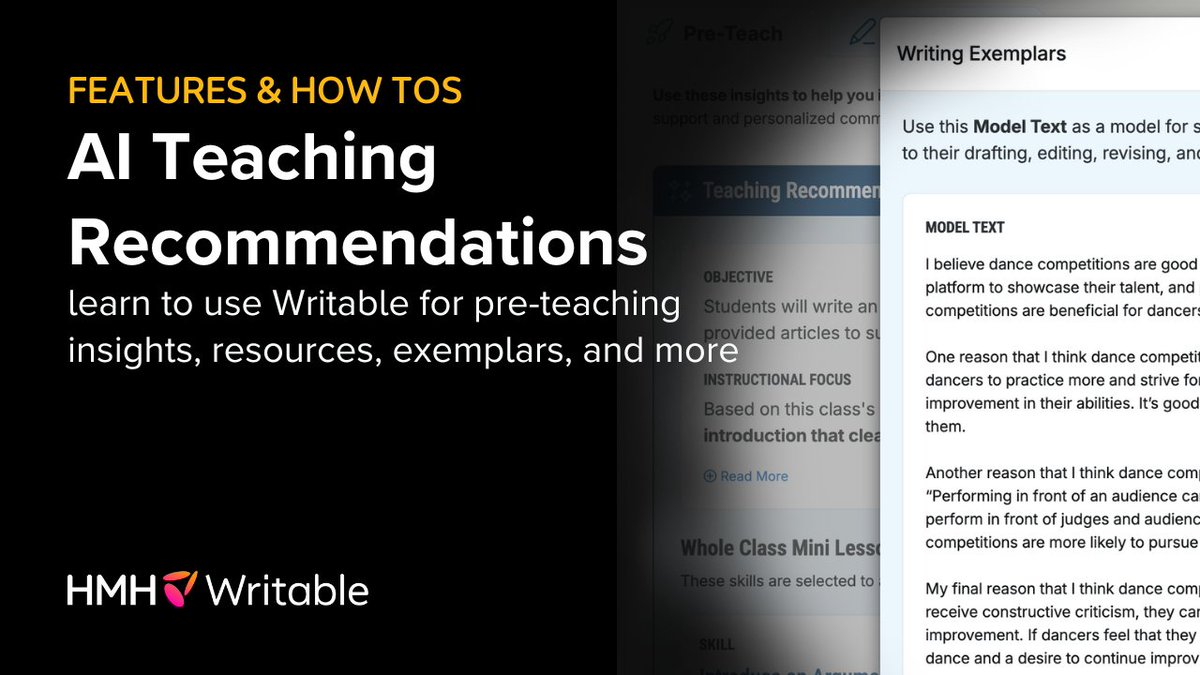 Writable provides instructional recommendations based on student performance. Learn more about how Teaching Recommendations work and how to use them to challenge every writer in your classroom: bit.ly/4jzd5go