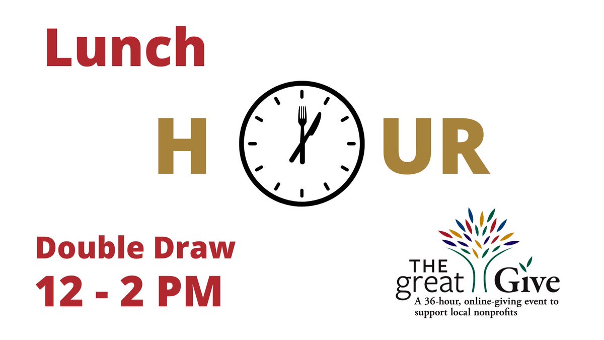 Who's hungry for the Lunch Hour prize?  Now thru 2 PM, all #TheGreatGive orgs that get at least one gift are eligible for a chance to win a $1,000 or $500 prize. Valley-based orgs can win $750. And Black Futures Fund-eligible orgs can win $1,000 or $1,500! thegreatgive.org