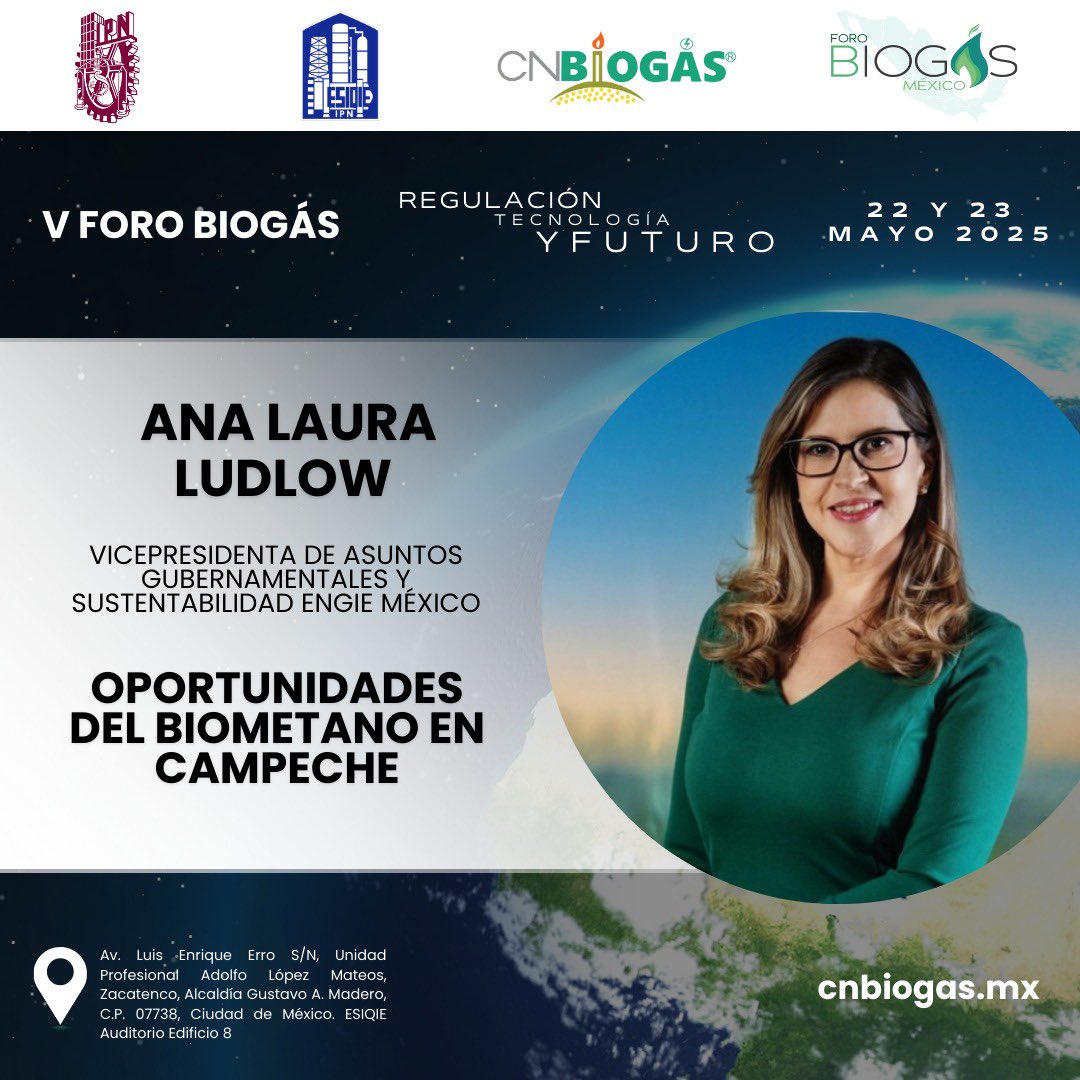 Es un honor presentar a nuestra panelista Ana Laura Ludlow, Vicepresidenta de asuntos gubernamentales y sustentabilidad en <a href="/ENGIEgroup/">ENGIE</a>, presente en el V Foro de Biogás 2025 #Regulación #Tecnología #Futuro #FBM #CNBiogás #ESIQIE #IPN #RetosyOportunidades #Especialistas