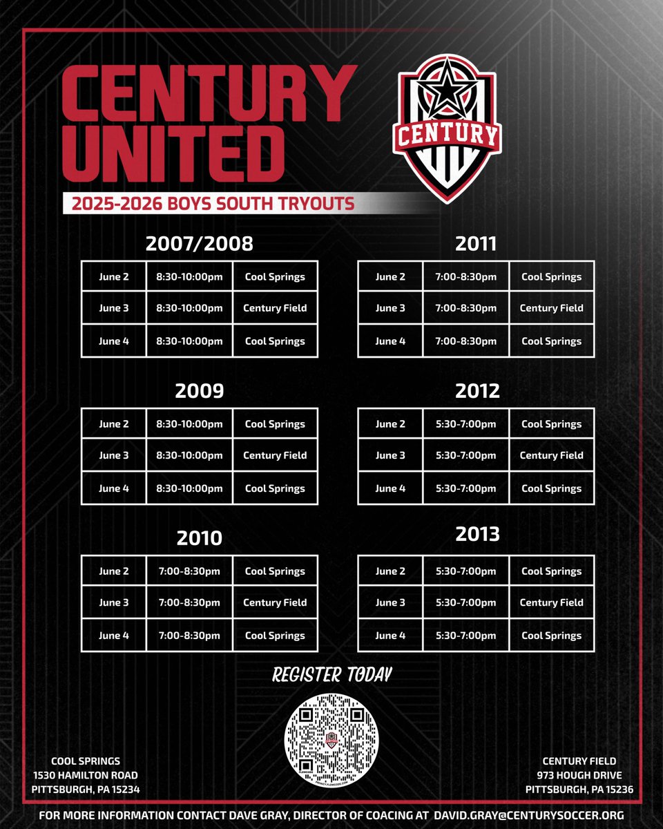 Our South Tryout registration is now open! 

📅: June 2-4
📍: Century Field or Cool Springs 

See the 👇🔗 for registration, days &amp; times!

centurysoccer.org/registration

#RepCentury