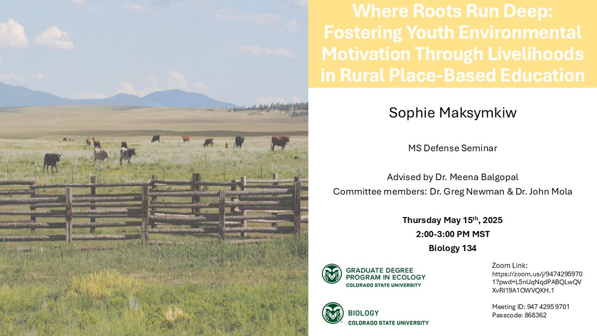 MS Defense Seminar: Sophie Maksymkiw!🌱
"Where Roots Run Deep: Fostering Youth Environmental Motivation Through Rural Place-Based Education"
📅May 15 |🕑2–3 PM 
📍Bio 134 |💻Zoom: col.st/IEiK3
🔑ID: 947 4295 9701 |🌐Passcode: 868362
📜Abstract: col.st/Wjtc4