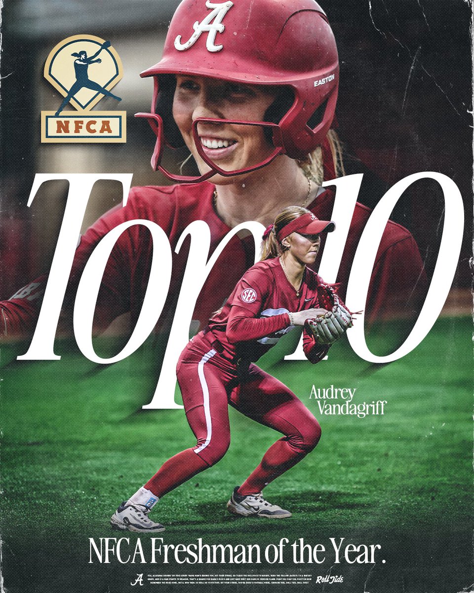 Alabama Softball (@alabamasb) on Twitter photo Top 1⃣0⃣ finalist for NFCA Freshman of the Year🏅
<a href="/avandagriff12/">audrey vandagriff</a>
📰Read More: bit.ly/4iRPKoM
#Team29 #RollTide Top 1⃣0⃣ finalist for NFCA Freshman of the Year🏅
<a href="/avandagriff12/">audrey vandagriff</a>
📰Read More: bit.ly/4iRPKoM
#Team29 #RollTide
