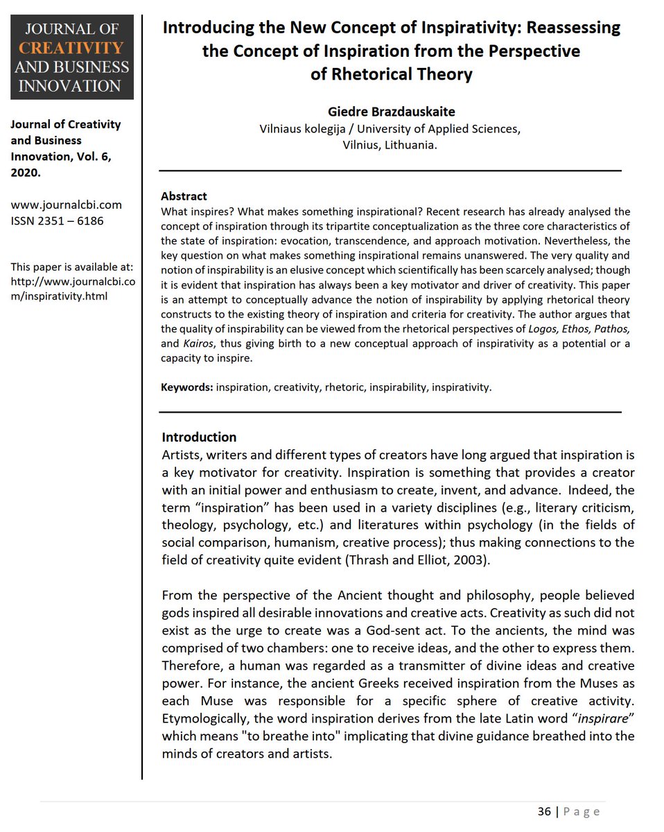 'Introducing the New Concept of Inspirativity: Reassessing the Concept of Inspiration from the Perspective of Rhetorical Theory'
by Giedre Brazdauskaite
'the..ancient school..of rhetorical theory was partially based on the concept of inspiration in the form of exalted persuasion'